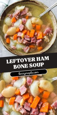 Delicious homemade ham bone soup from leftover ham cooked on the stove. Made with beans, potatoes, carrots and slow cooked in a rich broth.