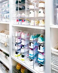 Organize all your favorite shoes- sneakers, pumps or flats with these stackable storage containers. Perfect for small closets, walk-in closets, and that dead space under your hanging clothes. Shop the organizers here!