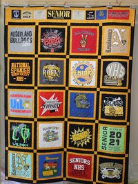 What a wonderful and treasured gift this would be! This is a great T-Shirt quilt to treasure your memories. This one was done for a Christmas gift to commemorate shirts from a college fraternity. It measures approximately 65 x 84 inches. I can make the background material whatever colors you like. This quilt has 20 large t-shirt blocks with smaller shirt designs in the borders. All Quilts have a personalized label on the back. Send a conversation to start designing your quilt. Quilt materials ar