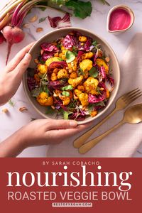 Looking for a healthy, yet satisfying & delicious lunch idea? This roasted cauliflower and beet bowl by nutritionist Sarah Cobacho is high in protein & iron, combining crispy vegetables, beans, grains & a tangy pink beet dressing for a yummy nutritiously balanced meal. Enjoy it as a wholesome & comforting lunch or weeknight dinner that can also be meal prepped. #Vegetarian #MealPrep #GlutenFree #EasyVeganRecipes #HealthyRecipes #VeggieBowl #HighProtein #PlantProtein #PlantBased #Vegan 💗🌿