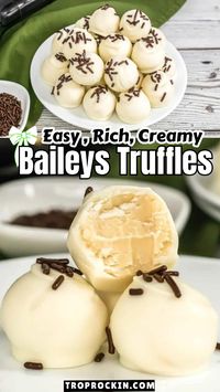 Baileys truffles are a decadent dessert. Such an easy truffle recipe made with white chocolate, Baileys and chocolate sprinkles. Plus, this homemade baileys truffle recipe is great to give as gifts for the holidays.