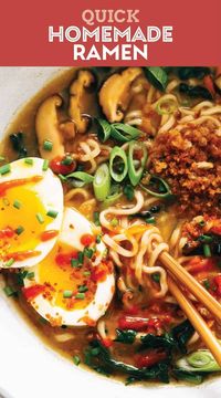 Quick Homemade Ramen! Take the usual ramen up a notch with this quick homemade ramen. Fresh veggies and herbs make this extra delicious, healthy, and cozy! #ramen #homemade #noodles