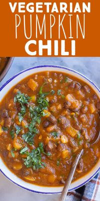 This Vegetarian Pumpkin Chili with Black Beans is packed with sweet and savory flavors.  It's cozy, warm and perfect for fall.  This chili recipe is made with mostly pantry ingredients, making it great for a last minute, easy dinner that comes together quickly.  Top with your favorite chili toppings and enjoy with a side of cornbread or corn chips! #chilirecipe #vegetarian #pumpkinrecipe #comfortfood #soup