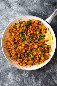 Vegan Moroccan Chickpea Skillet in white pan