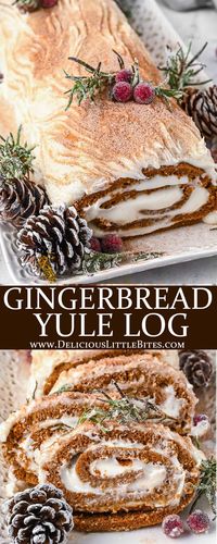 This Gingerbread Yule Log is made with a gingerbread sponge cake that is filled with a rum flavored cream cheese frosting. When decorated with rosemary, cranberries and even small pine cones, it makes the most beautiful holiday centerpiece. | #gingerbread #yulelog #yulelogcake #gingerbreadyulelog #christmas #christmascake