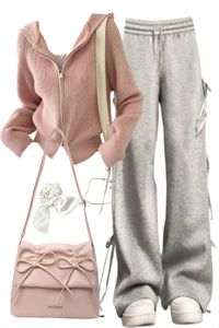 Zip Up Cardigan + Bow Tie Sweatpants + Leather Shoulder Bag