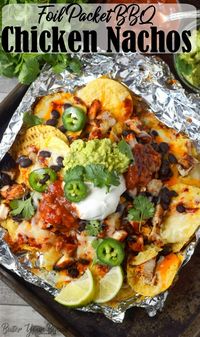 Foil packet nachos are a easy and fun way to make nachos. Loaded with cheese, beans and bbq chicken and all your favorite toppings. #nachos #campfirenachos #grillednachos #summerrecipes