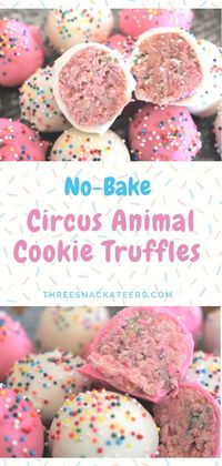 Making sweet treats doesn't need to turn your kitchen into a zoo. All you need are 5 simple ingredients to create these adorable No-Bake Circus Animal Cookie Truffles. | Recipe from www.threesnackateers.com   #sweettreat #sprinkles #partysnack #nobakereci