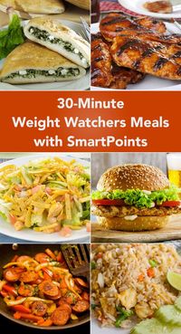 30-Minute Weight Watcher Meals With SmartPoints including Turkey Meatballs, Chicken Noodle Soup, Balsamic Chicken, Barbecue Chicken, Taco Salad, Copycat Chili's Grilled Chicken Sandwich, Salisbury Steak, Pasta Salad, Tortilla Soup, Linguine, and more!