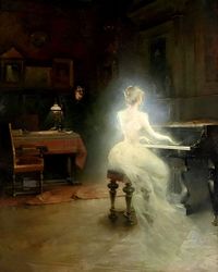 Victorian antique art prints, ghosts painting, beautiful woman in white dress playing piano, vintage, dark art, dark academy art, Victorian home decor, Victorian Wall Art, fashion home decor, occult, aura art prints, ghost art prints, spiritual art prints, spiritual painting, esoteric home decor, occult home decor, wiccan art.  Beautiful woman in antique white dress playing piano FINE ART PRINT, high quality digitally restored reproduction of the ancient painting.  All fine art prints produced o