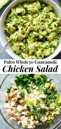 Since guacamole and chicken salad are two of our favorite things, I decided it was time to combine them!  This guacamole chicken salad is mayo-free, packed with flavor, protein, and perfect for easy lunches!  It’s paleo, Whole30 compliant and keto friendly, too. #paleo #whole30 #keto #chickensalad #cleaneating #guacamole