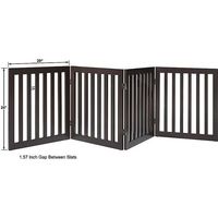 Elegant and easily movable, the Unipaws 4 Panel Free Standing Dog Gate makes a versatile addition to your home. This four-panel gate has two support feet so you can position it in doorways, halls, staircases and more to keep your furbabies out of certain areas. The dual-sided folding system allows for compact storage when it’s not in use, and quality wood and dual hinges add durability. Rubber pads at the bottom of the gate help to keep it from scratching your floor while adding stability. Since