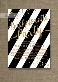 Gold & Black Bachelorette Party Invitation with gold glitter confetti sparkles and black & white bold stripes Available at digibuddha.com