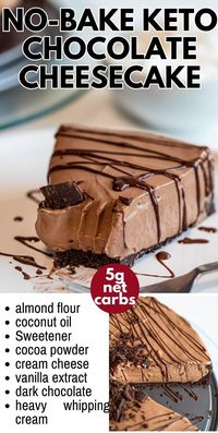 This decadent no-bake keto chocolate cheesecake is rich, creamy, and incredibly easy to make. It's an impressive keto dessert that takes less than 15 minutes to prepare from scratch. Imagine—a luxurious sugar-free chocolate cheesecake without needing an oven! This recipe is your go-to when craving a chocolate dessert but prefer to skip baking. It's the ultimate sugar-free chocolate treat you've been searching for!