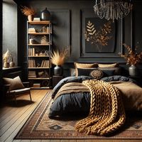 A sophisticated and moody bedroom with a black accent wall and luxurious decor. The centerpiece is a plush bed featuring black and gold bedding, complemented by a chunky caramel-colored knitted throw. A vintage-patterned rug in earthy tones adds texture to the wooden floor. The space is adorned with a tall bookshelf filled with books, decorative items, and dried floral arrangements in black and gold vases. A crystal chandelier hangs overhead, casting a soft glow that enhances the room's warm and intimate ambiance. The overall design blends elegance with cozy, rustic charm.