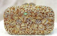 New Gold With Iridescent Austrian Crystal Floral Minaudiere Hard shell Evening Clutch Handbag With Gold Shoulder Chain Inside