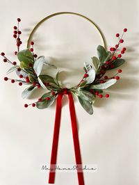 "Our best selling item is back! This Christmas lambs ear wreath will make a beautiful addition to your Holiday home decor.  This wreath is made with artificial lambs ear and berry accents on a 10\" or 14\" gold metal hoop base and luxurious touch with velvet ribbon. Height with ribbon is approx. 22\"(on a 10\" hoop) or 28\"(on a 14\" hoop). You can make your own wreath with your preferred size, berries color and ribbon color! * This item is recommended for indoor and covered outdoor use only. *