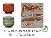 AMACO Potter's Choice layered glazes PC-43 Toasted Sage and PC-52 Deep Sienna Speckle.