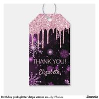 Birthday pink glitter drips winter snowflakes name gift tags