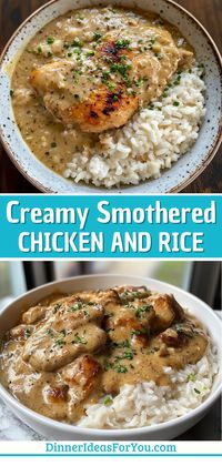 Indulge in this Creamy Smothered Chicken and Rice recipe! It's easy to make and perfect for a cozy meal. Enjoy tender chicken in a rich, creamy sauce over fluffy rice. A dish that the whole family will love—try it tonight! Save this pin for your next cooking adventure!