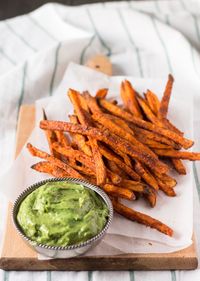 Crispy sweet potato fries with avocado-coriander dip | Lazy Cat Kitchen