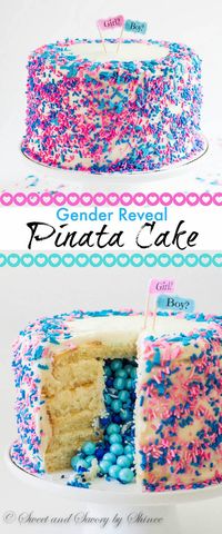 Tall 6-layer white cake covered with sweet and tangy cream cheese frosting and filled with colorful candies and sprinkles inside. Deliciously fun way to reveal the gender of a new bundle of joy!