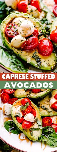 Easy Caprese Stuffed Avocados with fresh tomatoes, mozzarella, and a mouthwatering balsamic drizzle. Creamy, healthy & so tasty!