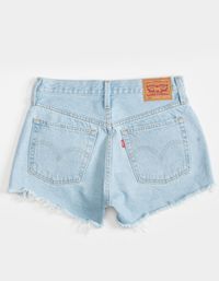 Levi's 501 Original Denim Shorts. Denim Shorts With Light Wash And Allover Distressing. 5-Pocket Styling. High Rise Waist. Levi's Logo Patch At Back Right Waist. Frayed Cutoff Hems. Button Fly. Approx. Inseam: 2.25". 100% Cotton. Machine Wash. Imported. Model Is Wearing A Size 26. Model Measurements:height: 5'9" Bust: 32"waist: 23"hips: 34"