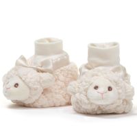 These adorable Lamby lamb booties are complete with lamb's head and embroidered eyes to ensure safe use for all ages. Lamby booties are adorned with a satin ribbon trim and bow of paisley design. A cushioned foot bed creates a snug comfortable fit for keeping little feet cozy and warm. Traction dots are placed throughout each sole to ensure that Lamby booties are slip proof. Lamby lamb booties are from the Bearington Collection of designer quality baby gifts and accessories made with superior ma