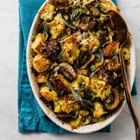 Savory Bread Pudding with Leeks, Mushrooms and Gruyere - The Little Ferraro Kitchen