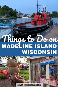 Join me on a road trip through the beautiful Wisconsin countryside. What to do on Madeline Island: lounge on the beach, #hike in the state park, and explore the island's natural beauty. In the one and only town of LaPointe, take a walking tour, visit the #art gallery, try the bicycle on the moose, and be sure to have an ice cream and watch the sunset from the pier. | Things to do on Madeline Island #adventuringwoman #camping #naturelovers #roadtrip #USATravel #TravelWisconsin #localtravel