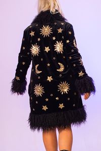 Sequin Velvet Sun Moon Black Fleece Lined Jacket Coat Festival Sequin Penny Lane Afghan Gold Silver Unique Rave Unicorn Show Girl Faux Fur - Etsy