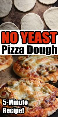 No yeast? No problem. This 5-ingredient, 5-minute no-yeast pizza dough recipe uses baking powder as a substitute for yeast. Perfect for one family-sized pizza or 6 mini personal-sized pizzas. #HappyHooligans #Homemade #Pizza #Dough #Crust #NoYeast #YeastFree #Quick #Easy #Recipe