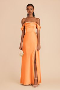 Look like you stepped off the red carpet and onto the aisle in this glamorous, versatile matte satin gown. Available in Apricot. This glamorous, versatile gown will make you feel like you stepped off the red carpet and onto the aisle. Opt for a romantic, Old-Hollywood off-the-shoulder look or go strapless for a sophisticated vibe. | Apricot Bridesmaid Dress Matte Satin Size Medium | Birdy Grey Mia Convertible