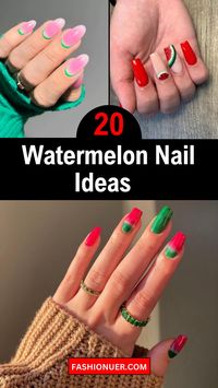 Add a pop of color to your nails with these fun watermelon-inspired designs this fall. Perfect for parties or just a playful everyday look, these nails are sure to catch attention. Go for classic red and green or try a more abstract take with different shades and patterns. These watermelon nail ideas are fresh, fun, and easy to recreate at home. Get ready to rock the party with your vibrant nails! #WatermelonNails #FallNailDesigns #PartyNails #NailArt #FunNails