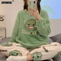 Winter Cute Duck Flannel Pajamas Set for Women Kawaiii Pattern Teddy Sleepwear for Girl Fashion Pullover Velvet Woman's Pijamas