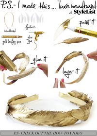 To create: Use a gold leafing pen to cover the entire feather. Repeat until you have enough feathers to cover the surface of your headband. Using a glue gun carefully adhere the feathers to your headband. Allow a few minutes for the glue to dry, and voilayoure fit for a fairytale! Get down with DIY and a dope playlist CLICK HERE for the P.S.- I made thisPlaylist Curated by The Jane Doze