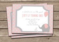 {Lucy} Little Peanut Elephant Custom Birthday Invitation. Quatrefoil Salmon Pink & Gray Balloon.  http://www.etsy.com/listing/78389895/lucy-little-peanut-elephant-custom-first