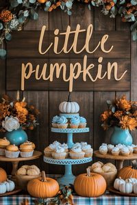 Planning a cute baby sprinkle this November? This little pumpkin theme is perfect for a fall outdoor celebration! The charming backdrop and blue accents create a cozy, autumnal vibe that’s great for twin boys or celebrating its a boy. The adorable cupcakes and festive decorations, including beautiful table decor and centerpieces, make this setup perfect for guests or as a Co-Ed Baby Shower Idea.