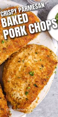 Baked breaded pork chops are a family staple! Using a handful of staple ingredients and taking less than 30 mins from start to finish this is an easy weeknight meal that eveyone loves! #spendwithpennies #breadedporkchops #bakedporkchops #porkchoprecipe #porkchops #maincourse #30minmeal #easyporkchoprecipe