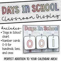 Easily keep track of the days in school with this "Days in School" classroom display!  Included in this product is the following:"Days in School" display chart (in color)0-9 cards (in color) for the hundreds, tens, and onesIn addition to the items above, you will also need three command hooks to hang your number cards.Thank you for visiting my store!  I hope you enjoy this product!