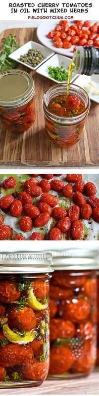 Preserved roasted cherry tomatoes Italian way! - Cherry tomatoes in the oven in olive oil are both excellent for pasta, risottos, salads, and also to eat during an aperitif, with olives, cold cuts and cheese. They can be flavored with many herbs and scents: In this recipe I have prepared some with fresh oregano, and others with garlic, capers and parsley. Try to make them too, you will sense the taste after a few weeks of storage in the dark! - recipes jarred preserved vegan vegetarian