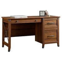 Three drawers with metal runners and safety stops. Lower drawer holds letter-size hanging files. Wrought iron style hardware and accents. Quick and easy assembly with patented T-slot drawer system. Washington Cherry finish.