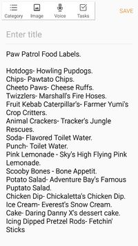 My personal food list that was decided on for our 2 year old son's paw patrol party #pawpatrol #party #foodlabel