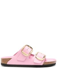 bubblegum pink calf leather smooth grain debossed logo to the side open toe double buckle fastening moulded footbed branded footbed logo-engraved gold-tone hardware slip-on style cork sole