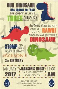 Birthday Invitation • Dinosaur Theme • No cost economy shipping • Fast turnaround time • Great customer service • These birthday invitations are custom, high resolution digital files that are personalized for each customer upon order