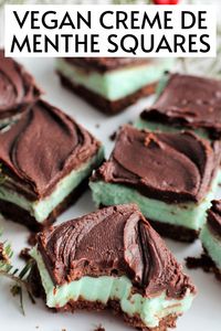 These vegan creme de menthe squares are perfect for the holidays! Chocolate graham cracker bottom with a minty cream filling, topped with melted chocolate - they're sure to be a hit!