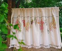 One primitive rustic modern farmhouse country cottage style window curtain/kitchen curtain/door curtain/privacy curtain. Colorful summer bouquets are printed on the light beige linen blend fabric, just like a vivid picture. The shabby fringes trim on the bottom, the vintage style embroidered tulle lace under the rod pocket and the shabby cotton appliques accent the overall Victorian cottage style. About 26" (65cm) high, rod pocket top, for rods up to 2" (5cm) wide. Several widths are available.   Original design, old fashion, shabby chic look, primitive country cottage/farmhouse style, romantic feel, fine workmanship. Perfect window/door/cabinet decoration for your country cottage, boho themed room or farmhouse as rustic and shabby chic decor! All my curtains are designed and made by me. I