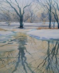 "This is my original watercolour landscape of trees in a snow landscape reflected in puddles. A loose, expressive watercolour, it is unframed but you have the option of having it unmounted or mounted in a soft, off-white mount with backing.  It is painted in artist quality Daniel Smith watercolours.  The puddle reflections of the trees branches make this watercolour quite decorative. I purposefully kept the colour palette limited to keep the tone consistent throughout. The image is 32cm x40cm un