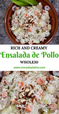 Soft, tender, shredded chicken with slightly crunchy potatoes and carrots, sweet apples, crisp celery, pecans, and tangy mayo results in an amazingly rich and creamy ensalada de pollo (chicken salad). #chickensalad #mexicanchickensalad #whole30 #ensaladadepollo